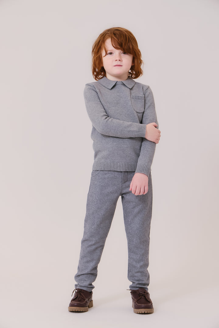 top l/s knit collared sweater - grey