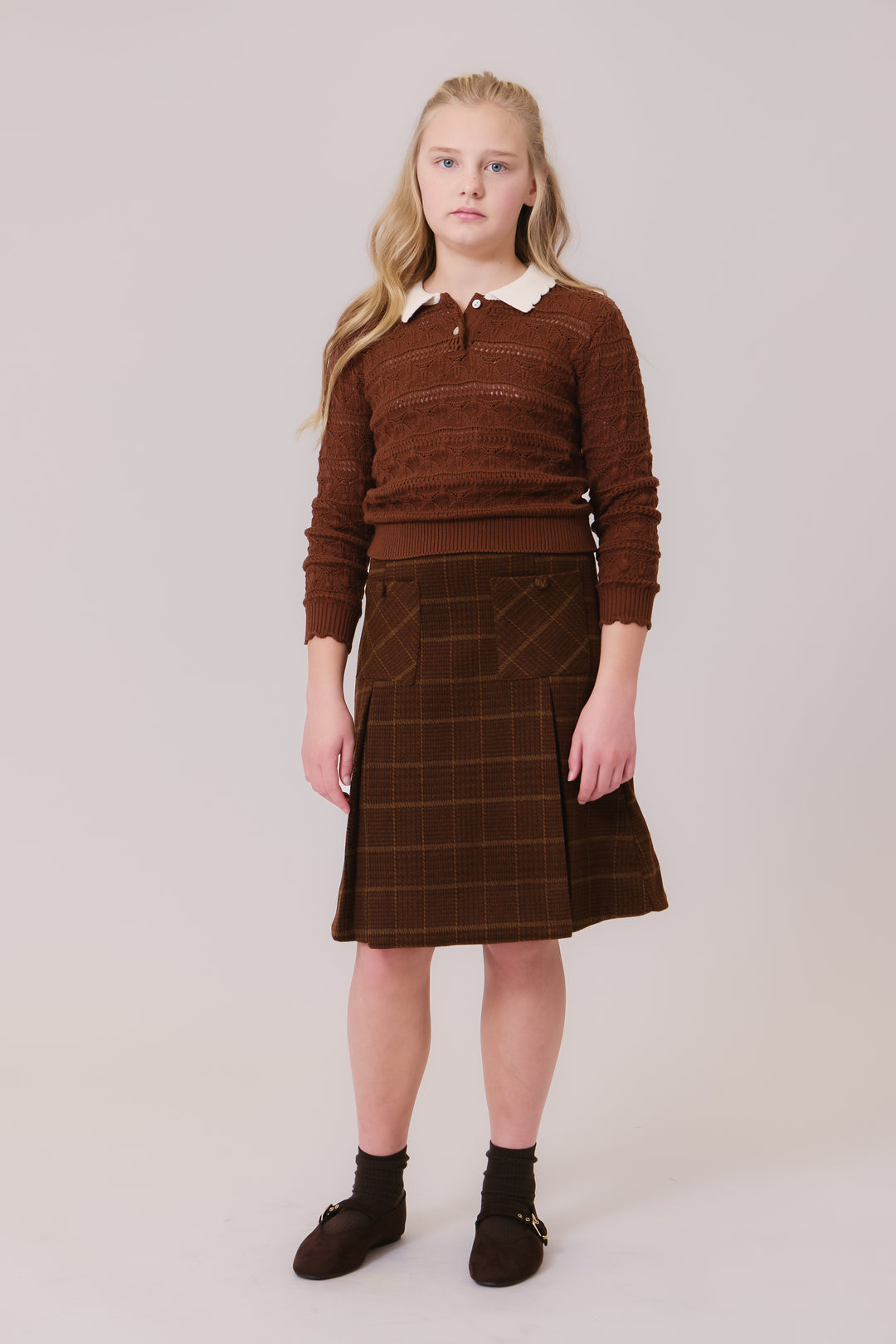 top l/s wave knit collared sweater - caramel