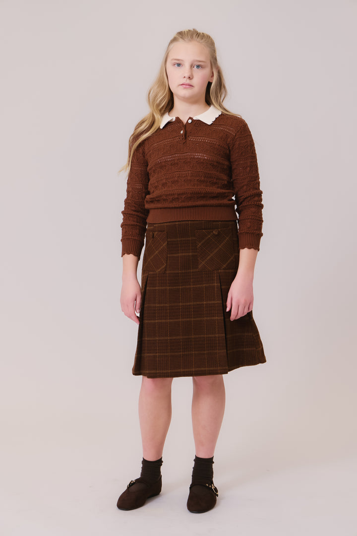 top l/s wave knit collared sweater - caramel