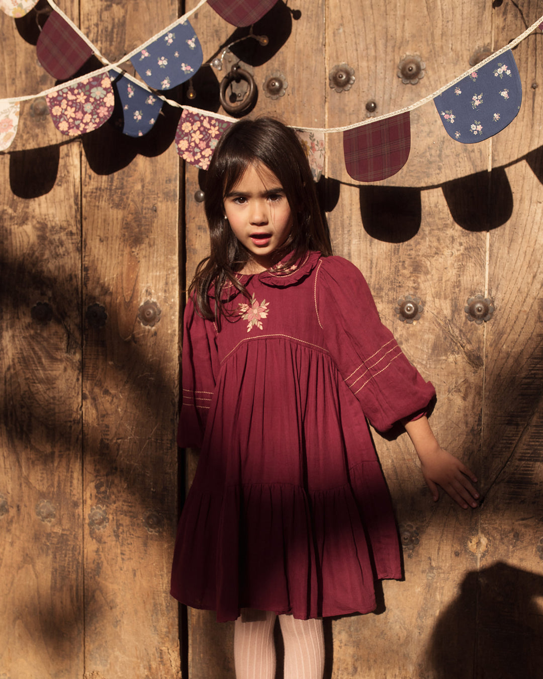 dress plaid tiered with ruffled collar - plum