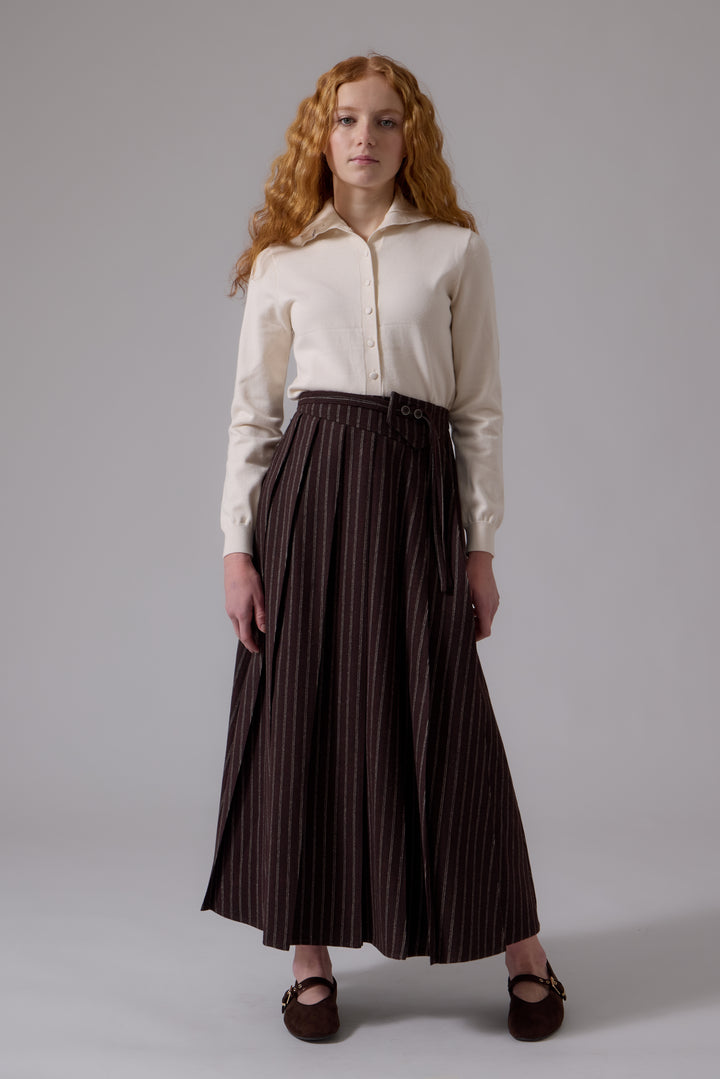 skirt multi stripe open pleated - chocolate