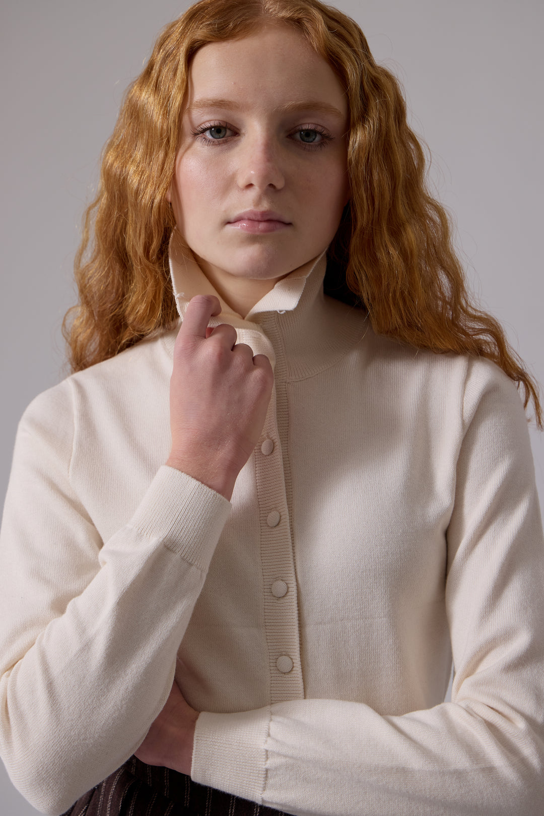 top l/s knit turtleneck cardigan - oatmilk