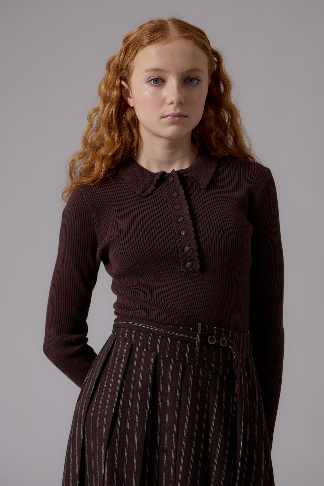 top l/s knit scalloped collar sweater - chocolate