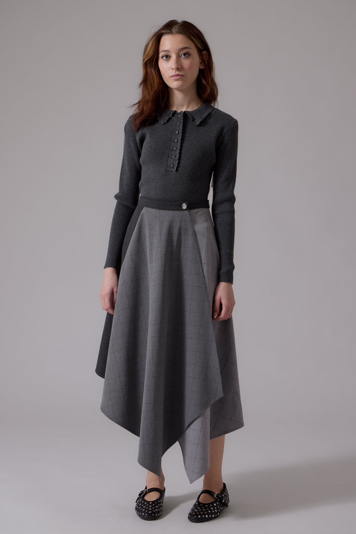 top l/s knit scalloped collar sweater - grey