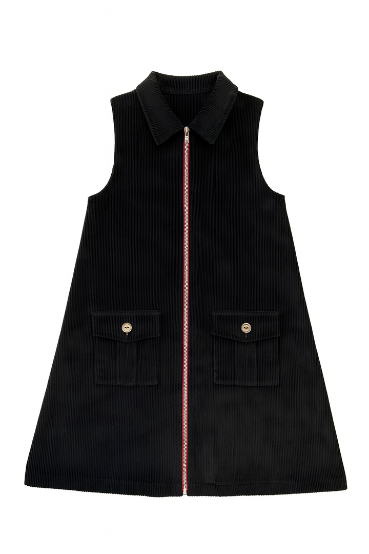 dress sleeveless corduroy front zip up with collar - black/red