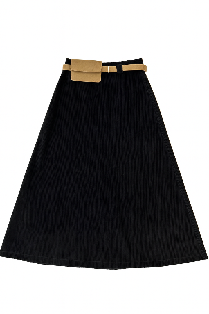 skirt corduroy a line with pocket belt - black/brown
