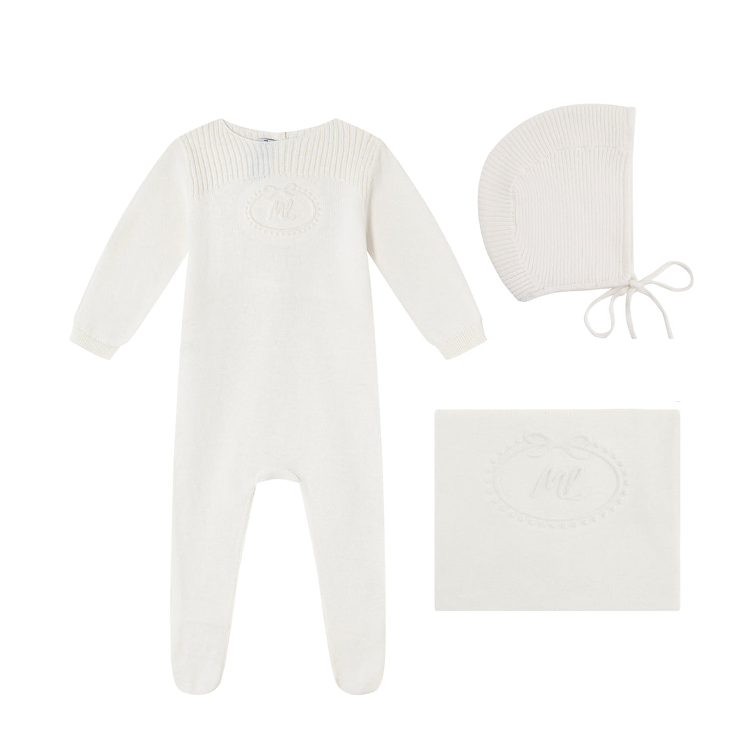 set knit footie embossed emblem with cardigan bonnet and blanket - cream