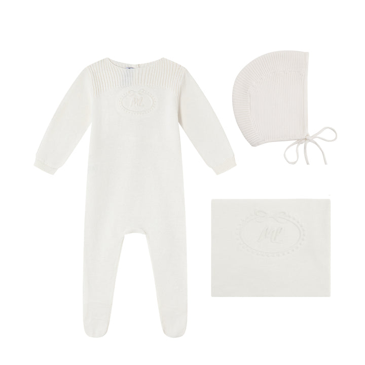 set knit footie embossed emblem with cardigan bonnet and blanket - cream