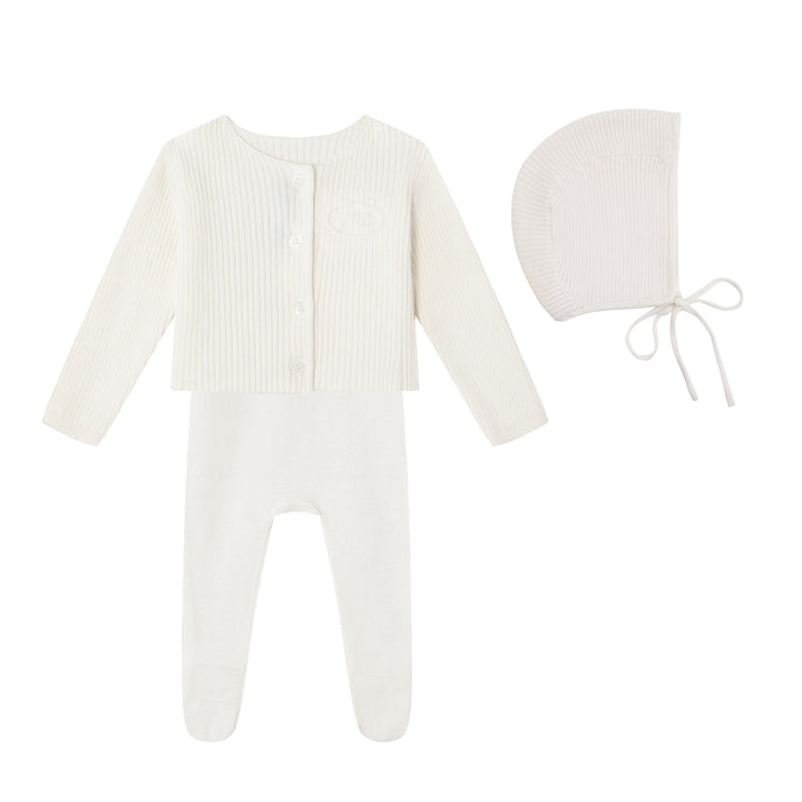 set knit footie embossed emblem with cardigan and bonnet - cream