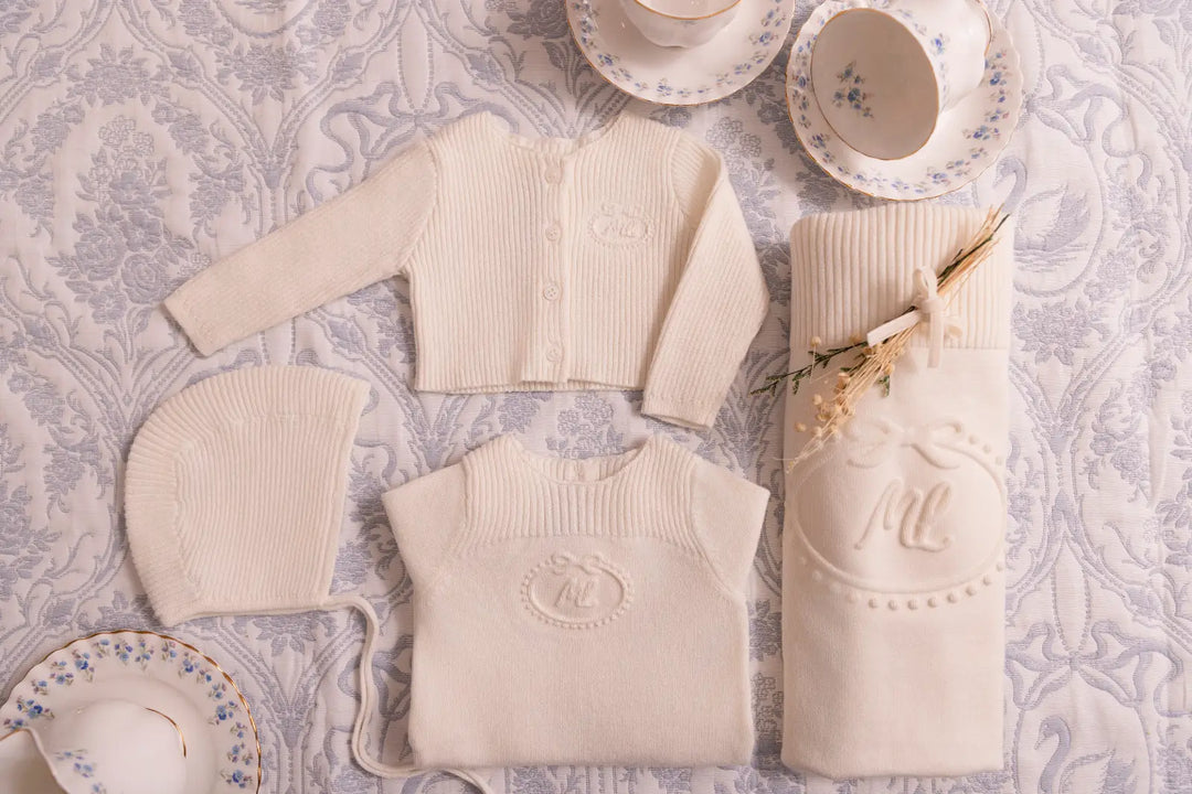 set knit footie embossed emblem with cardigan bonnet and blanket - cream