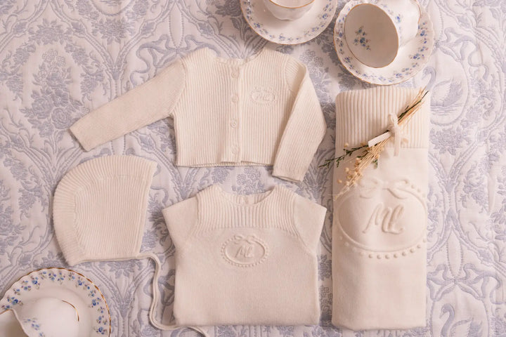 set knit footie embossed emblem with cardigan bonnet and blanket - cream