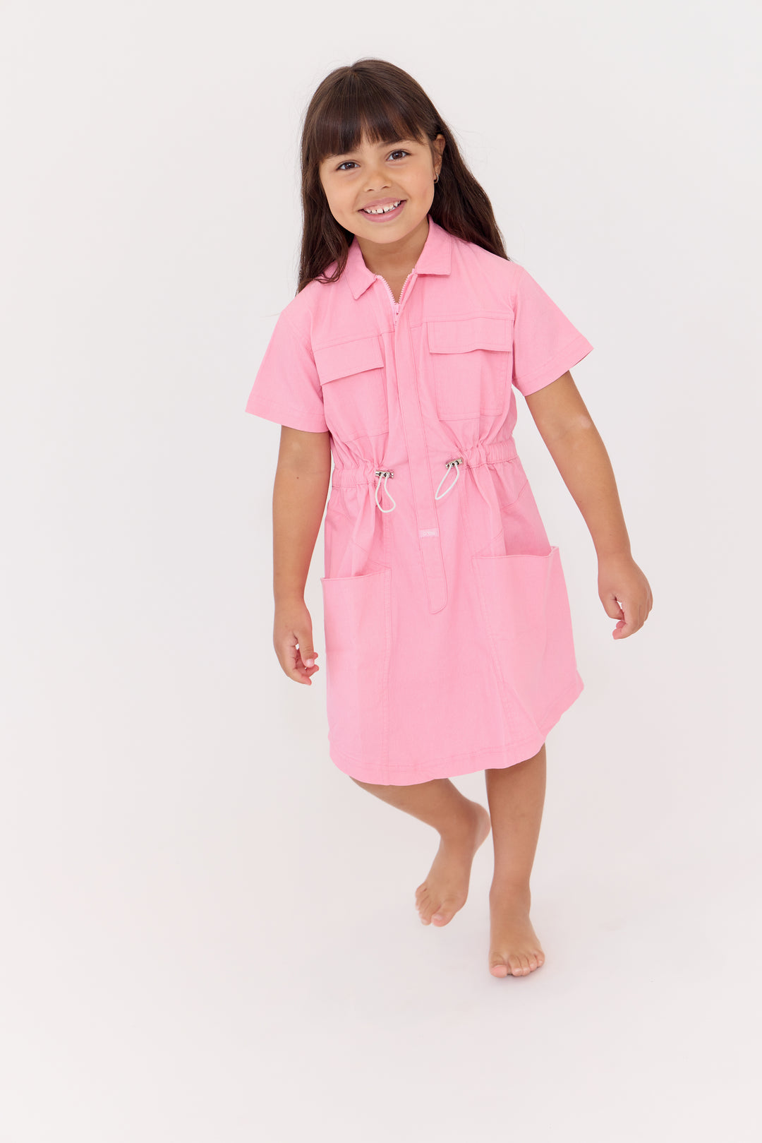 dress s/s denim pocket with drawstring waist - pink