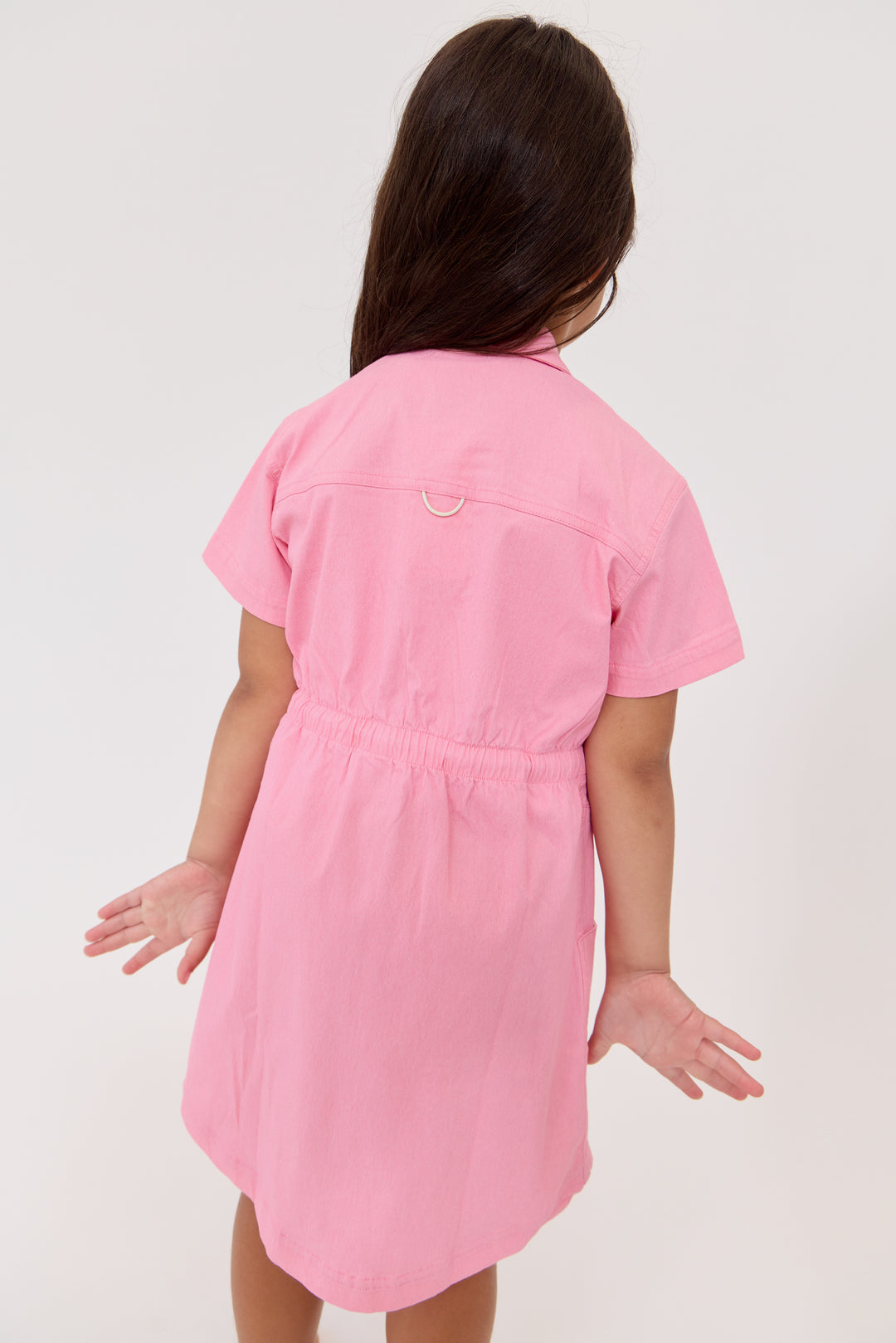 dress s/s denim pocket with drawstring waist - pink