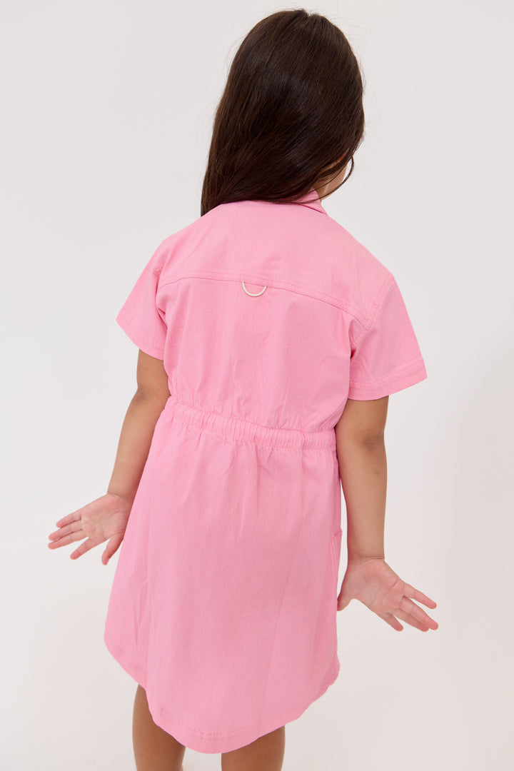dress s/s denim pocket with drawstring waist - pink