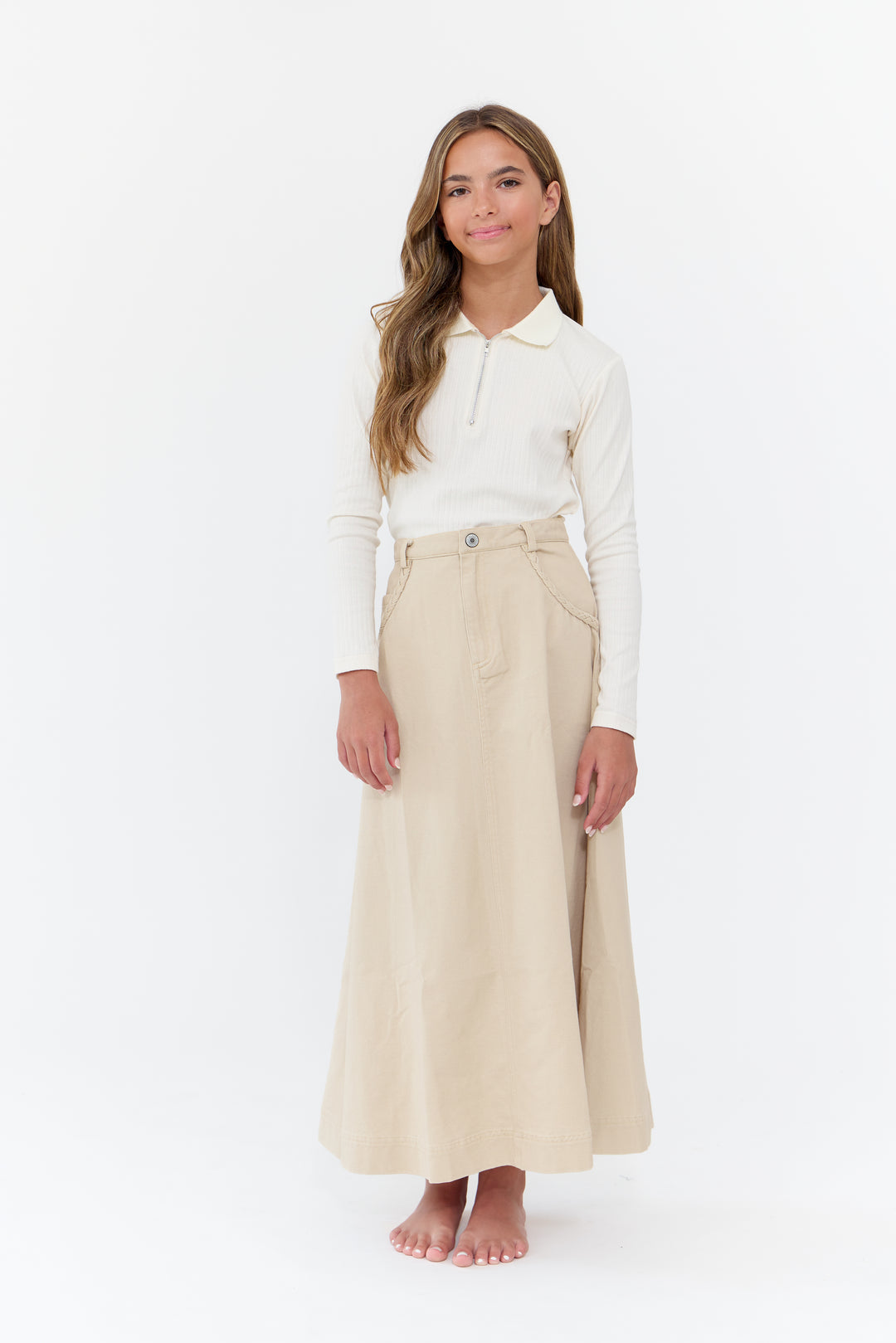 skirt denim braided pocket trim - tan