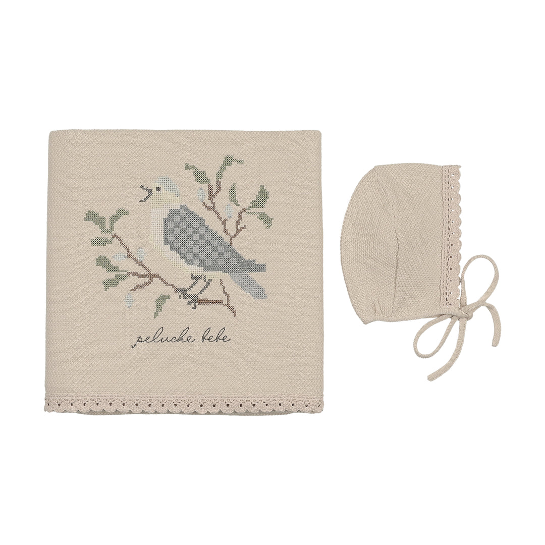 set knit cross stitch bonnet and blanket - stone/blue