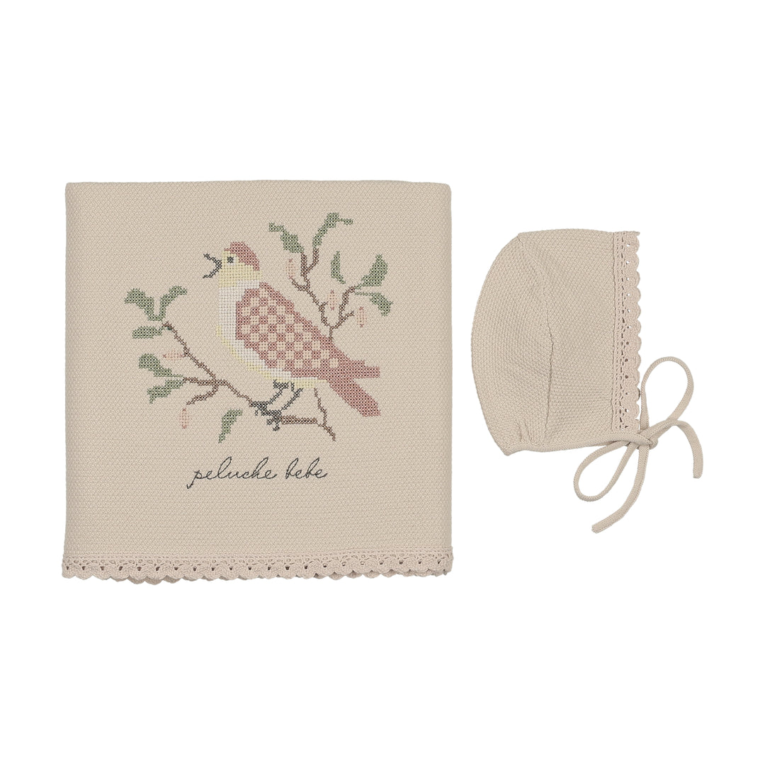 set knit cross stitch bonnet and blanket - stone/rose