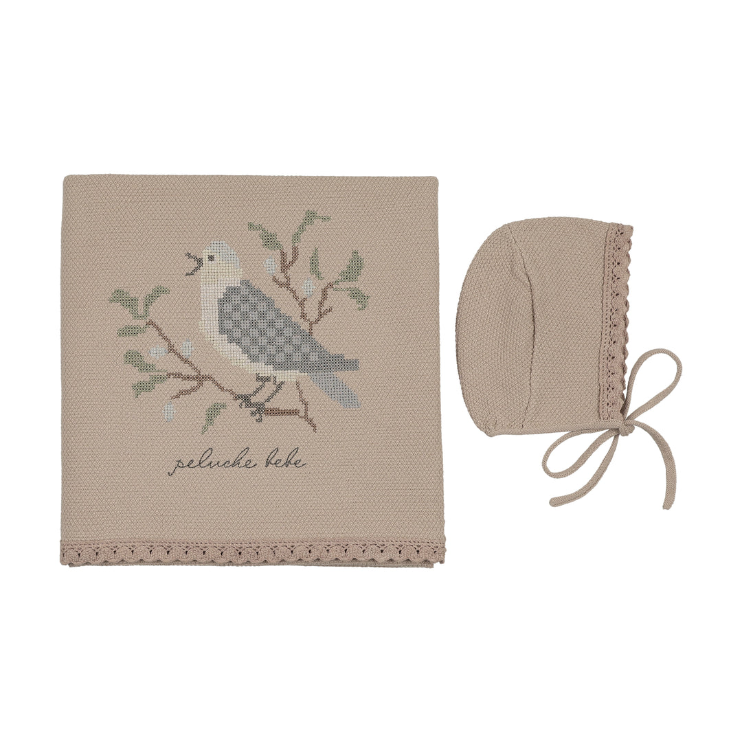 set knit cross stitch bonnet and blanket - taupe