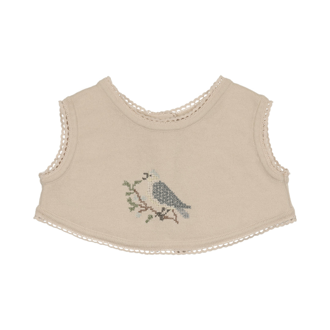 top s/s knit vest with embroidery - stone/blue