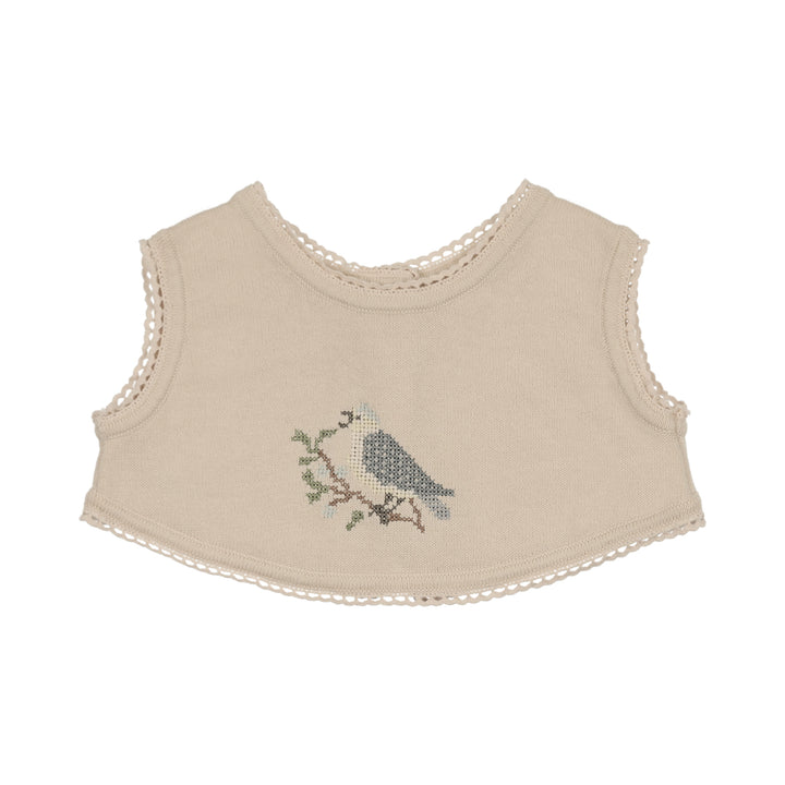 top s/s knit vest with embroidery - stone/blue