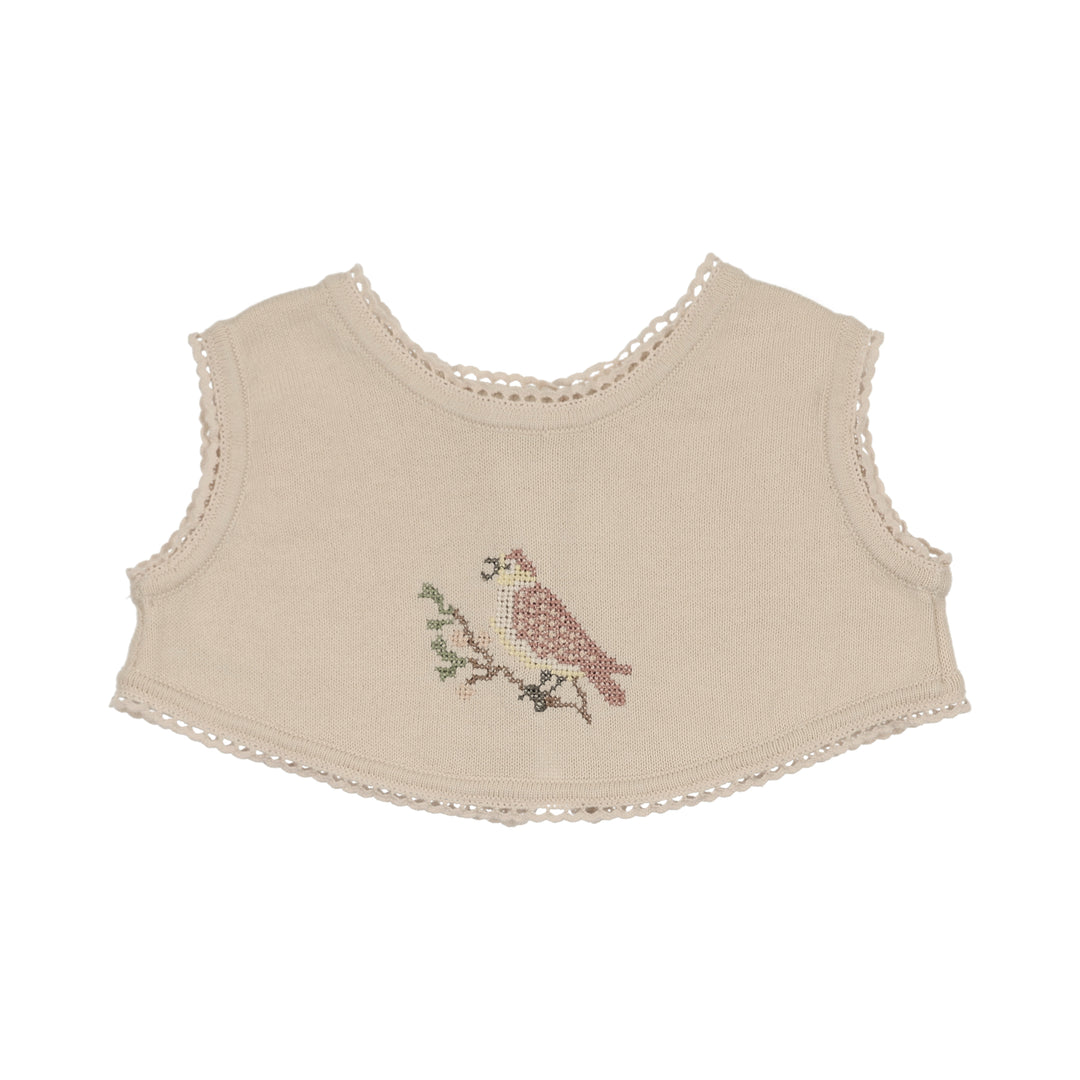 top s/s knit vest with embroidery - stone/rose