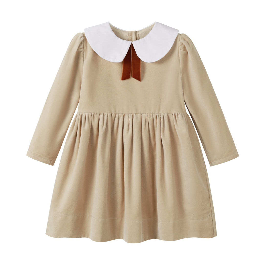 dress crushed velour with velvet ribbon collar - tan