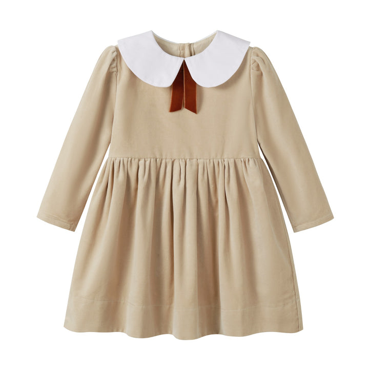 dress crushed velour with velvet ribbon collar - tan