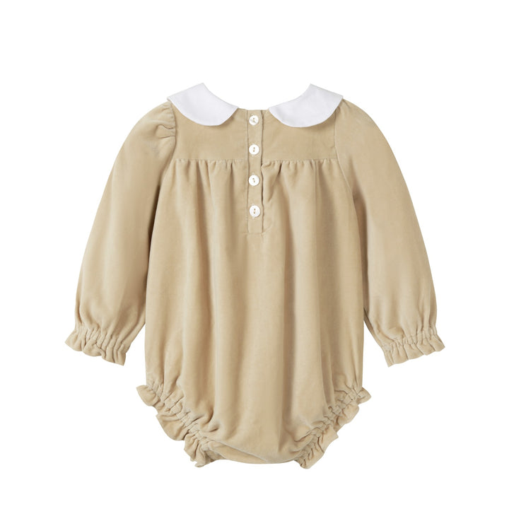 one piece crushed velour romper with ribbon - tan