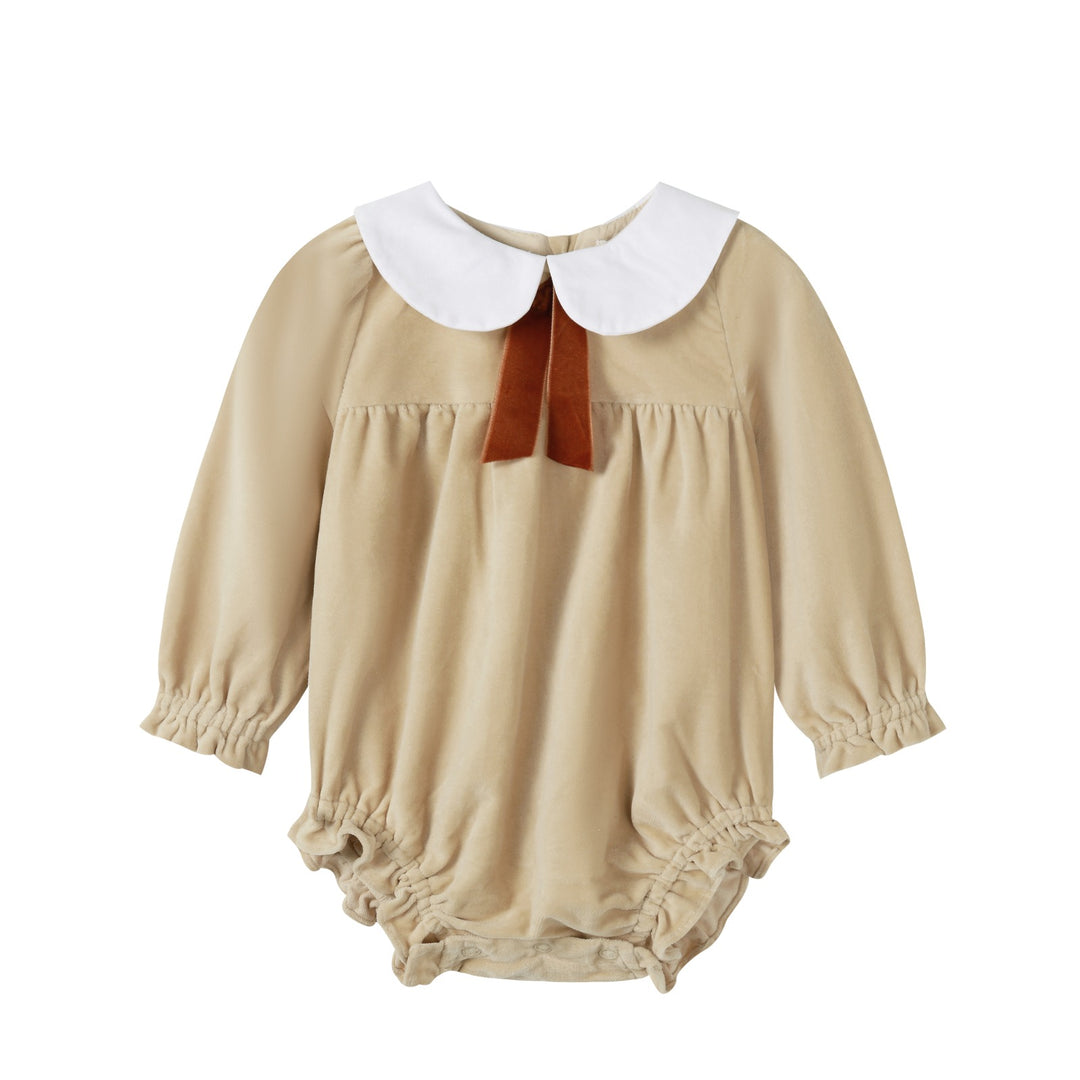 one piece crushed velour romper with ribbon - tan