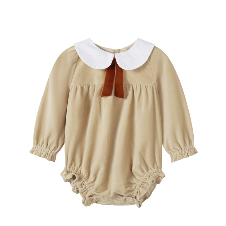 one piece crushed velour romper with ribbon - tan