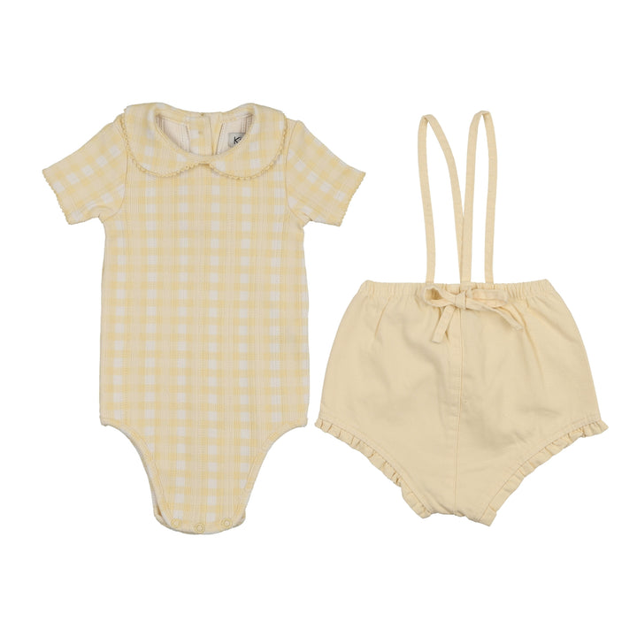 set outfit gingham peplum top and bloomer - yellow
