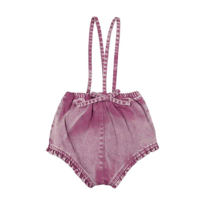 one piece denim ruffled overalls - mauve