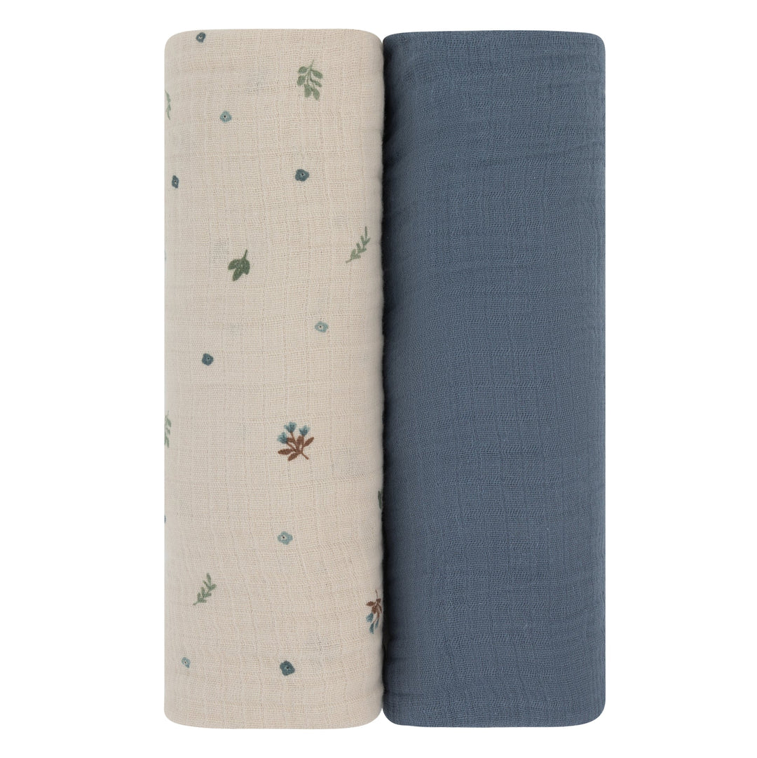 swaddle muslin printed with solid 2 pack - garden flwrs/saphre