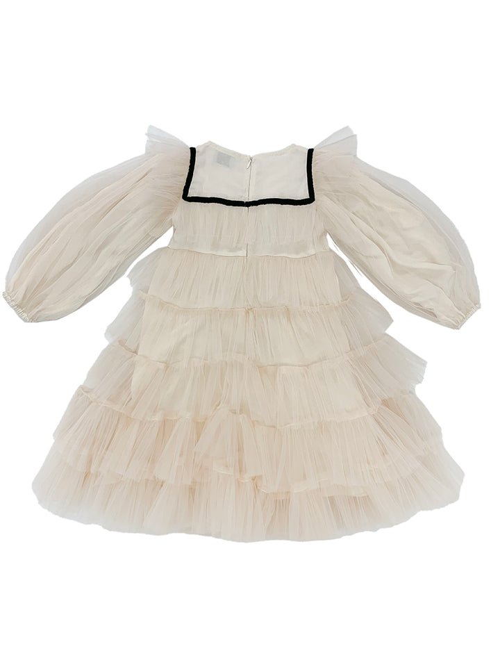 dress tulle layered with velvet trim bib design with bow - ecru