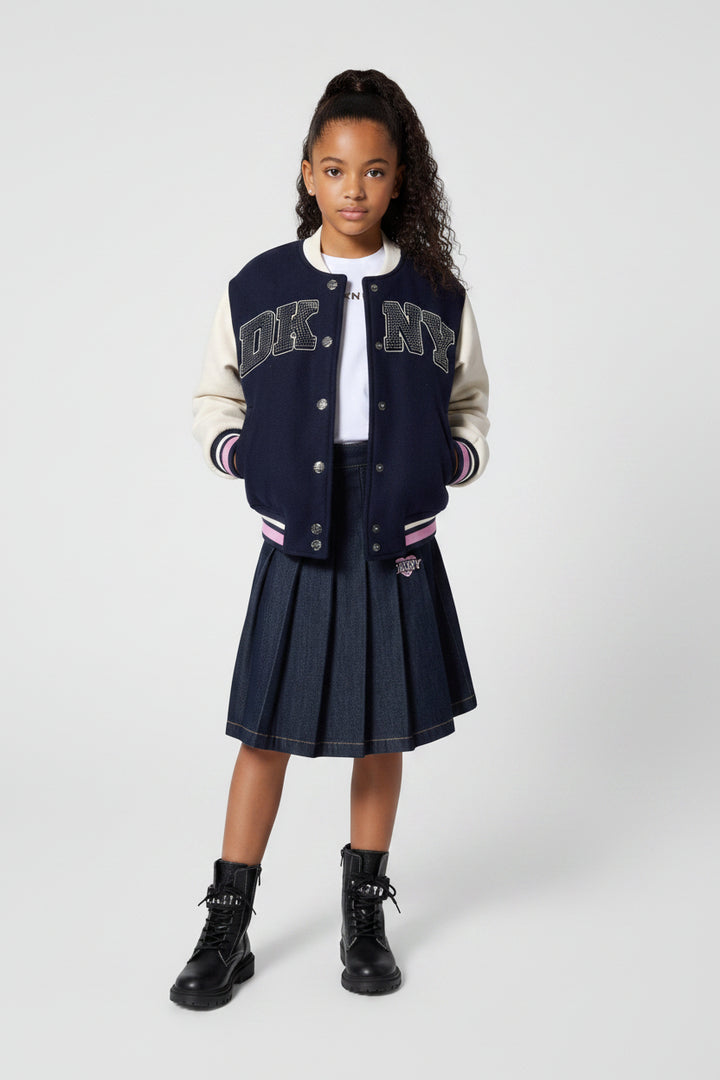 skirt denim pleated with logo patch - denim blue-z38