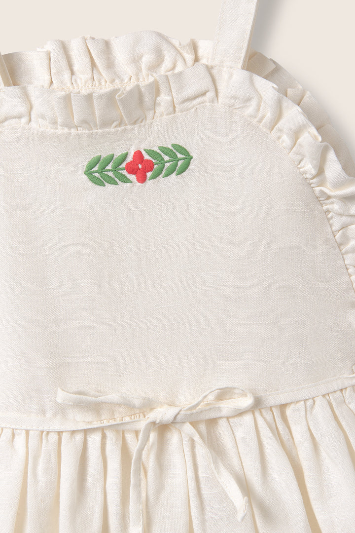 dress linen look frill jumper with embroidery - ivory