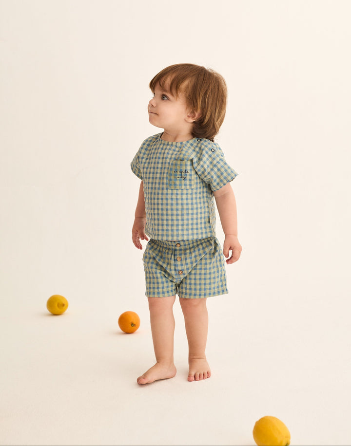 set outfit checkered shirt and shorts - blue