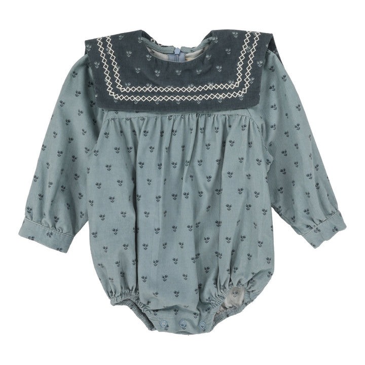 one piece primrose romper with bib - dusty blue