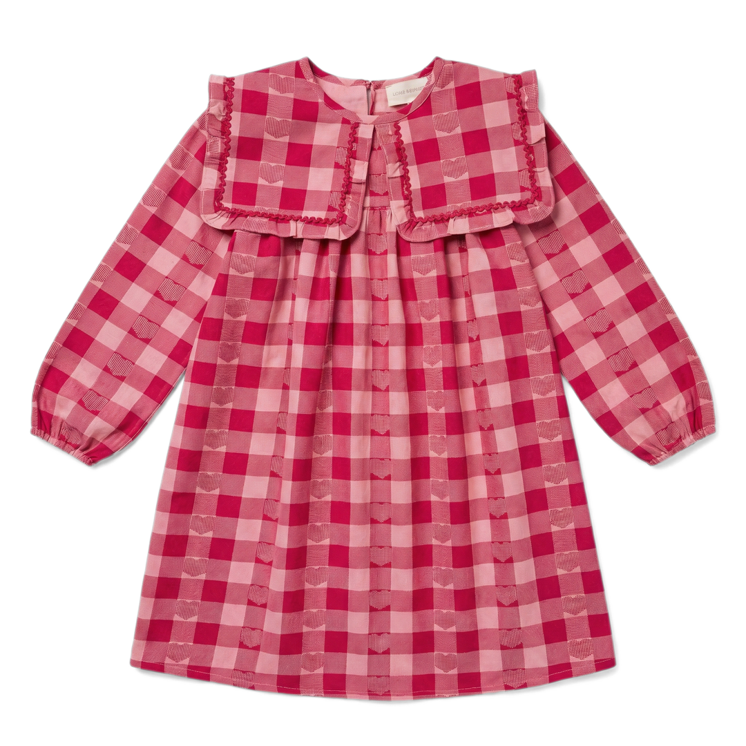 dress twill checkered heart with bib collar - pink/burgundy