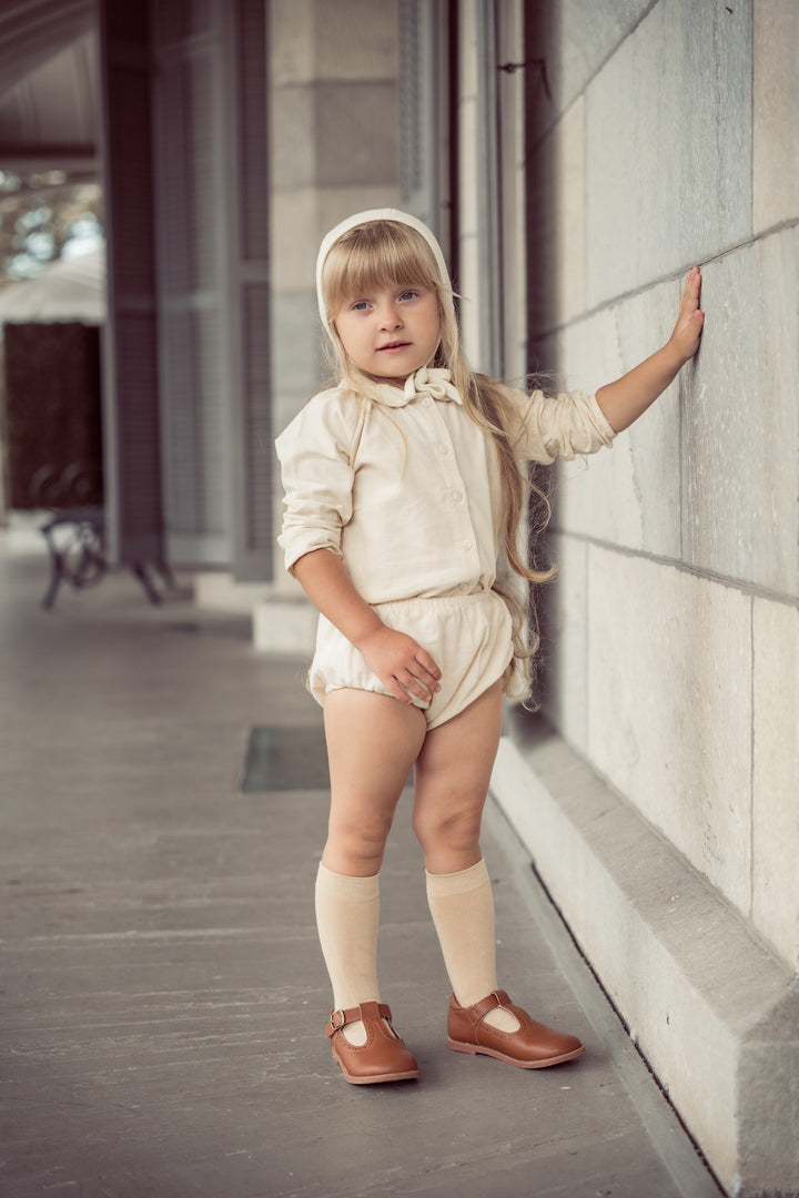 set outfit square neck knit sweater and bloomer with bonnet - cream