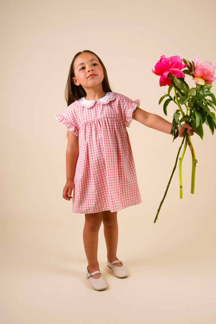 dress high waisted gingham with scalloped collar - peony