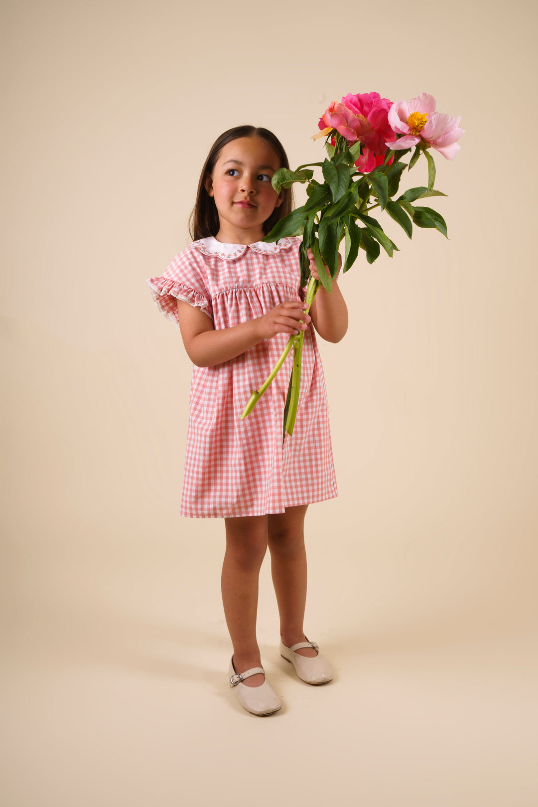 dress high waisted gingham with scalloped collar - peony