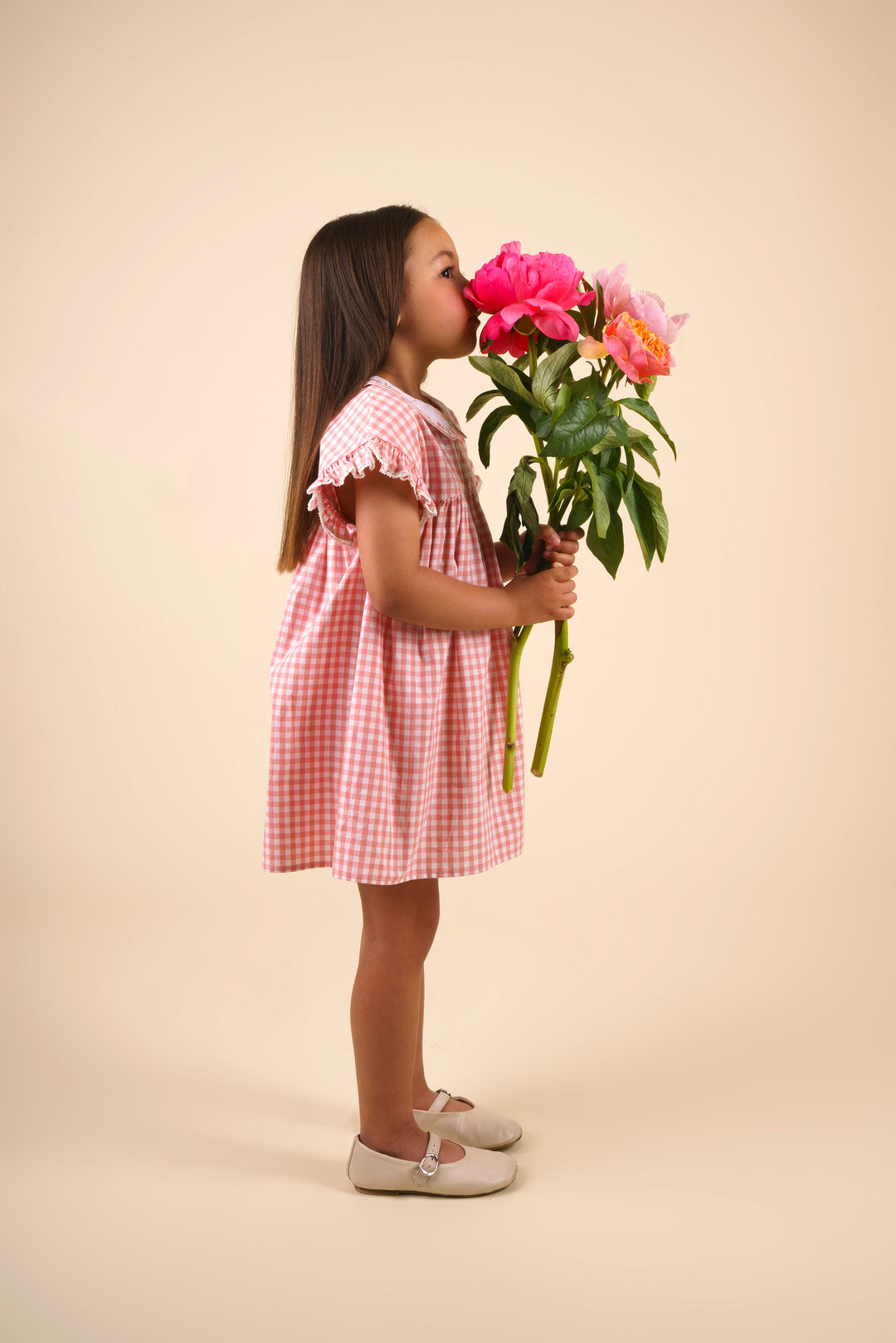 dress high waisted gingham with scalloped collar - peony