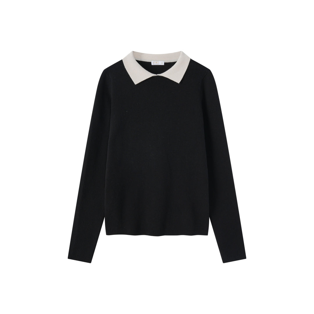 top l/s knit sweater with contrast collar - black/cream
