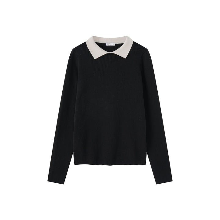 top l/s knit sweater with contrast collar - black/cream