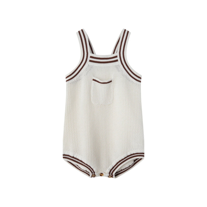 one piece mesh striped trim romper - cream