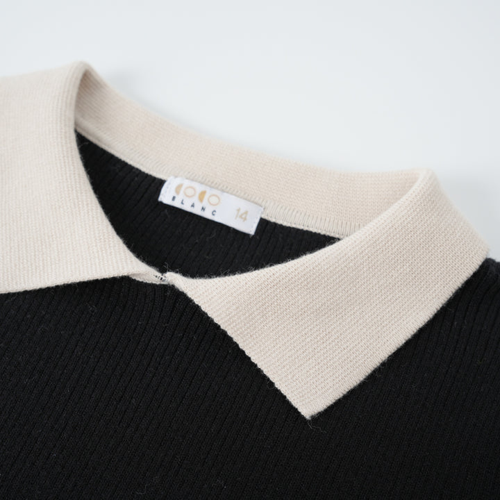 top l/s knit sweater with contrast collar - black/cream