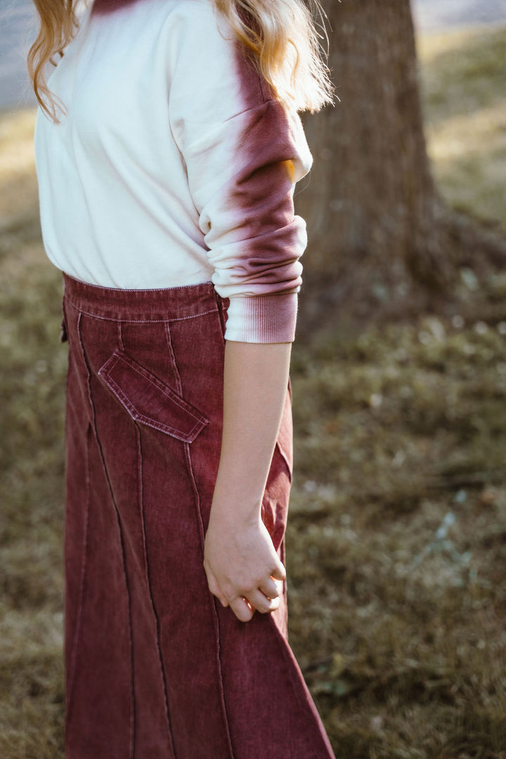 skirt midi denim panel - burgundy