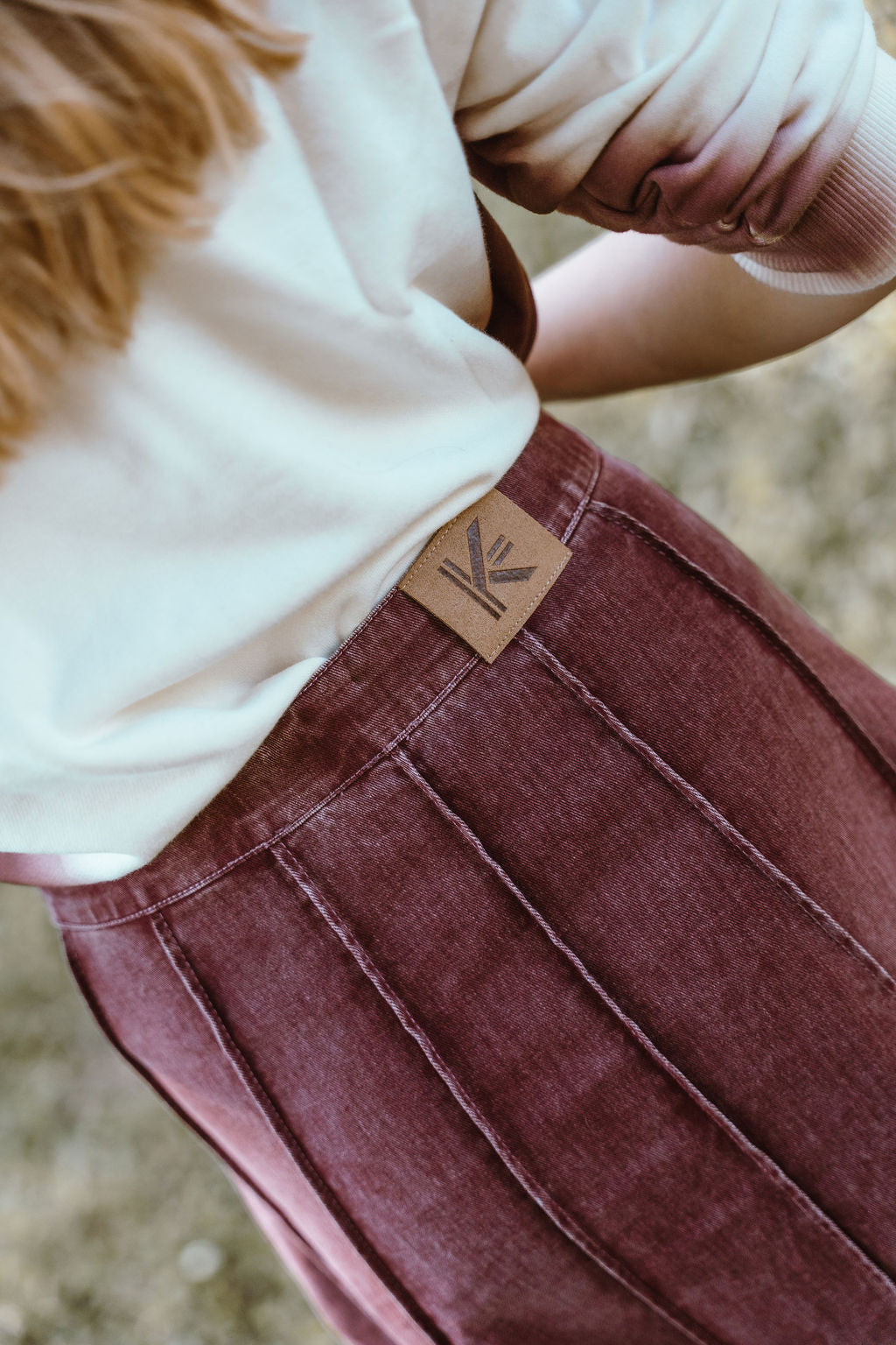 skirt midi denim panel - burgundy