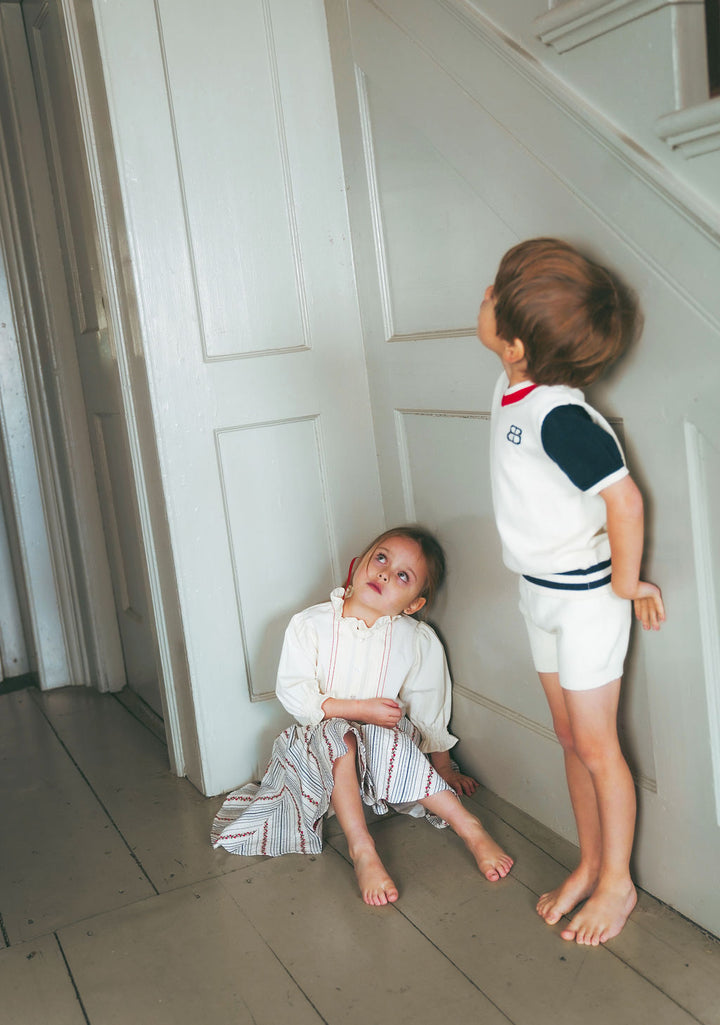 top s/s striped trim sweater - navy/white